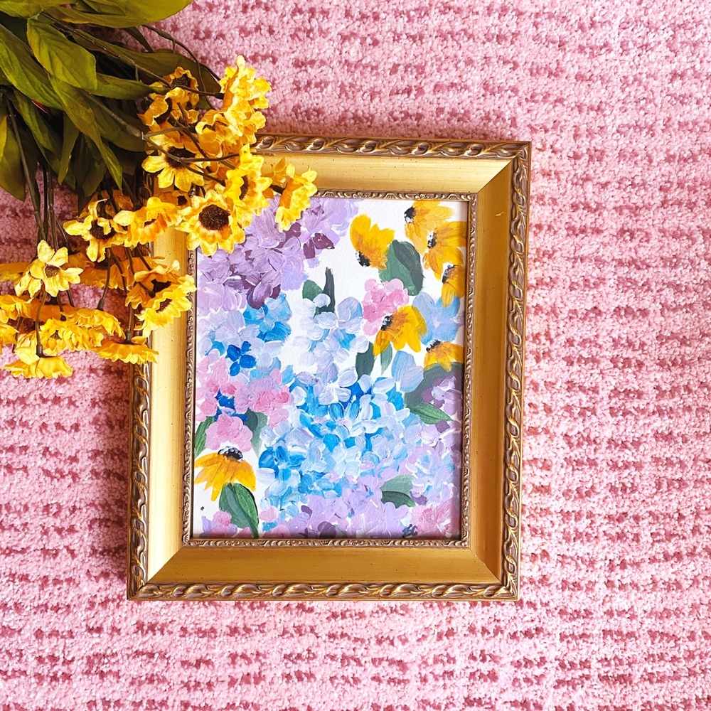 Acrylic painting, paint, gold ornate picture frame, home decor, wall art, floral